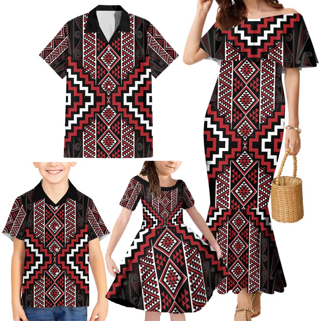 Red Tukutuku Pattern Aotearoa Family Matching Mermaid Dress and Hawaiian Shirt Niho Taniwha and Puhoro Motifs