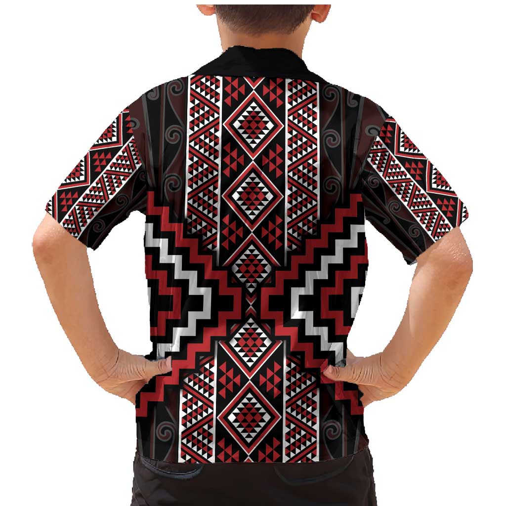 Red Tukutuku Pattern Aotearoa Family Matching Mermaid Dress and Hawaiian Shirt Niho Taniwha and Puhoro Motifs