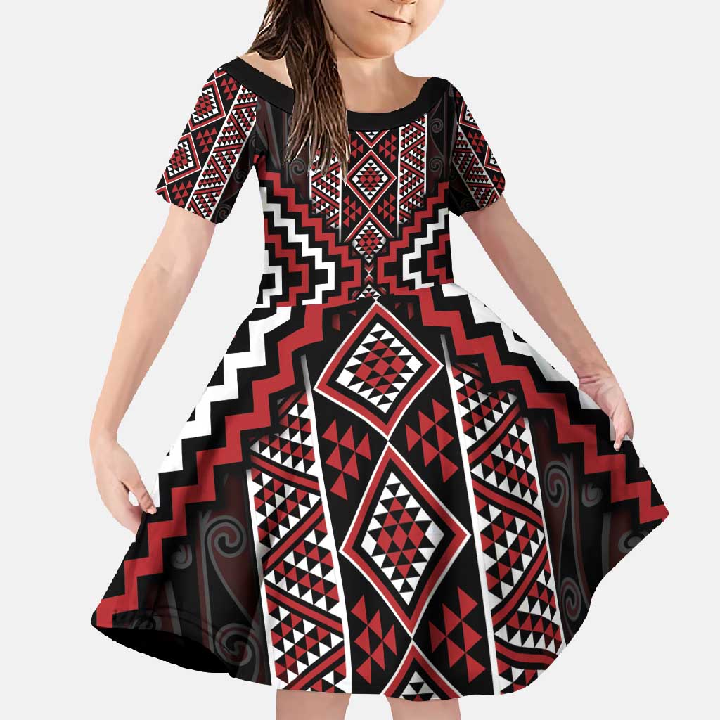 Red Tukutuku Pattern Aotearoa Family Matching Mermaid Dress and Hawaiian Shirt Niho Taniwha and Puhoro Motifs