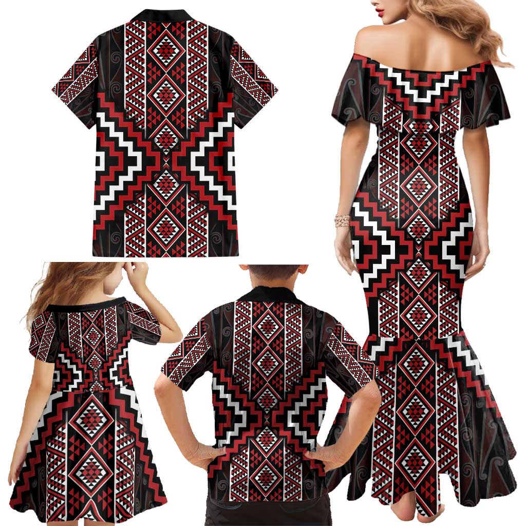 Red Tukutuku Pattern Aotearoa Family Matching Mermaid Dress and Hawaiian Shirt Niho Taniwha and Puhoro Motifs