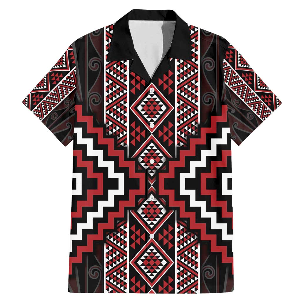 Red Tukutuku Pattern Aotearoa Family Matching Mermaid Dress and Hawaiian Shirt Niho Taniwha and Puhoro Motifs