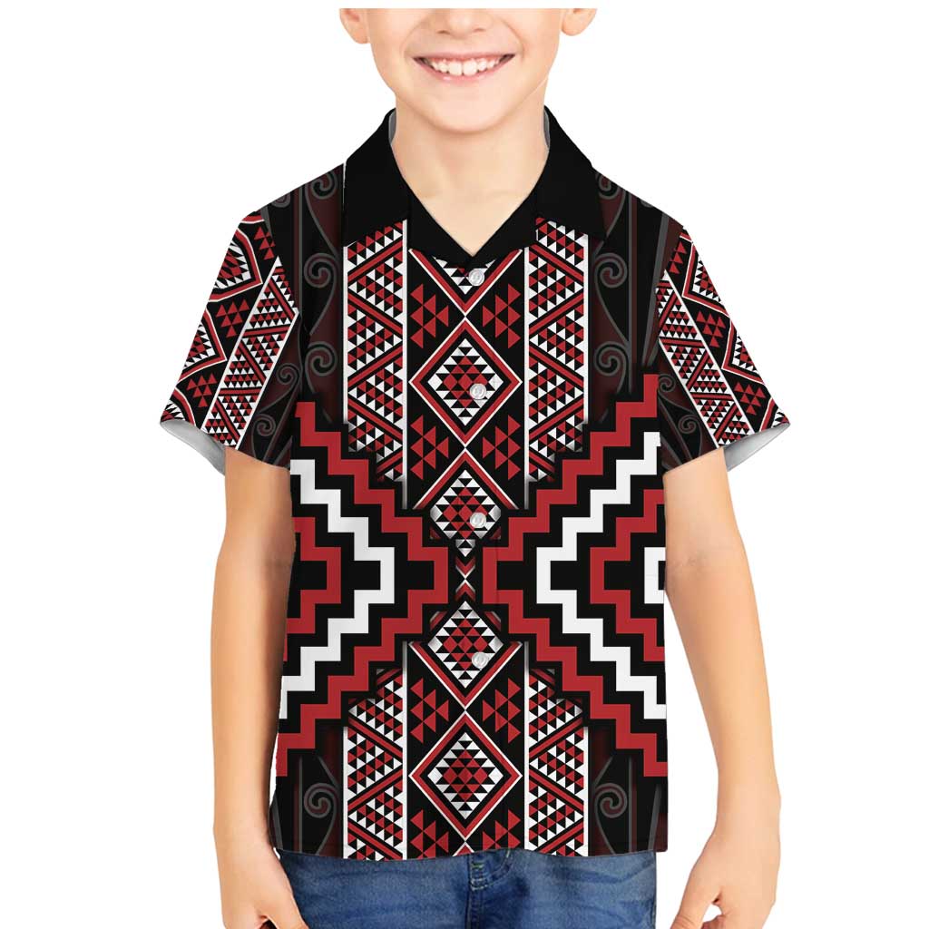 Red Tukutuku Pattern Aotearoa Family Matching Mermaid Dress and Hawaiian Shirt Niho Taniwha and Puhoro Motifs