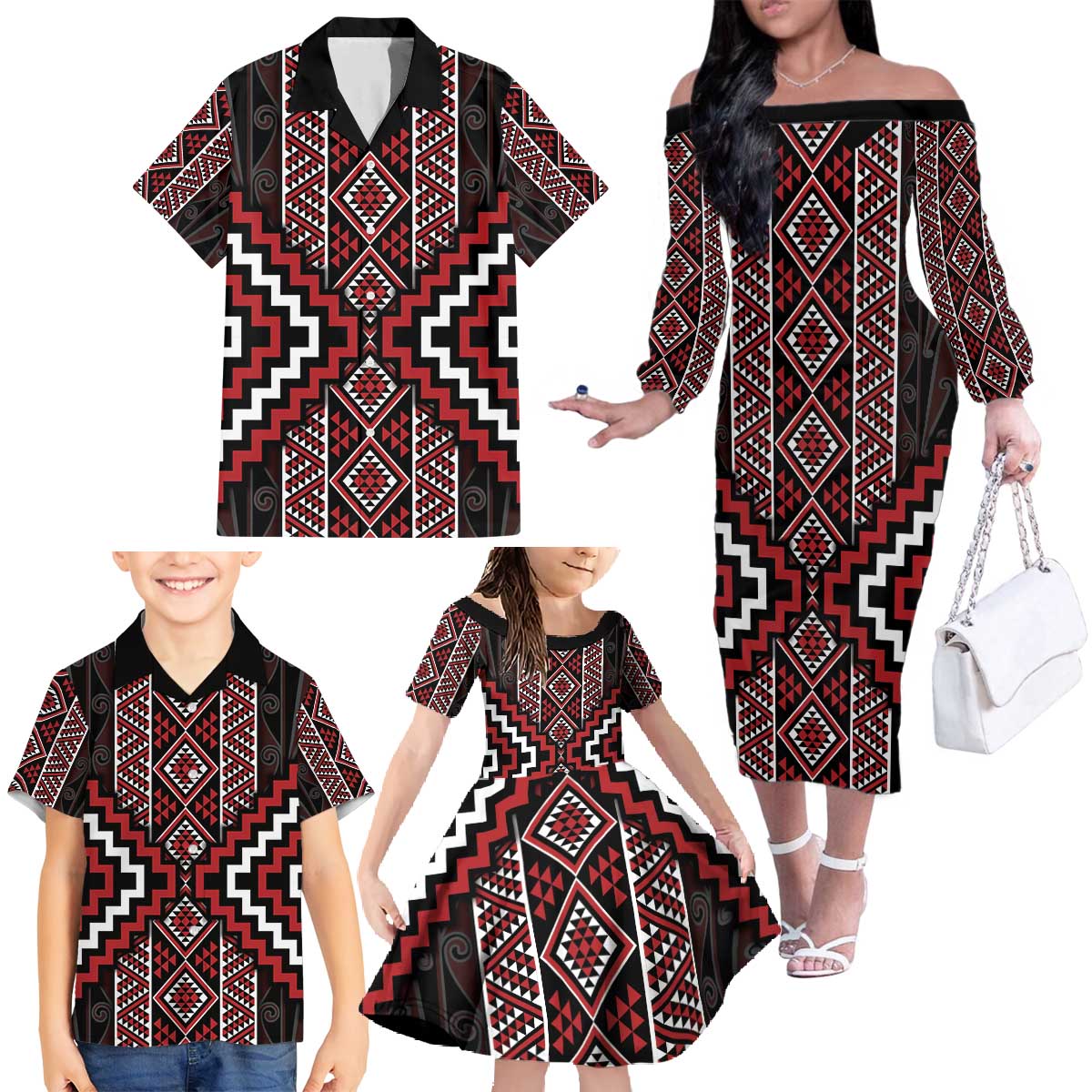 Red Tukutuku Pattern Aotearoa Family Matching Off The Shoulder Long Sleeve Dress and Hawaiian Shirt Niho Taniwha and Puhoro Motifs