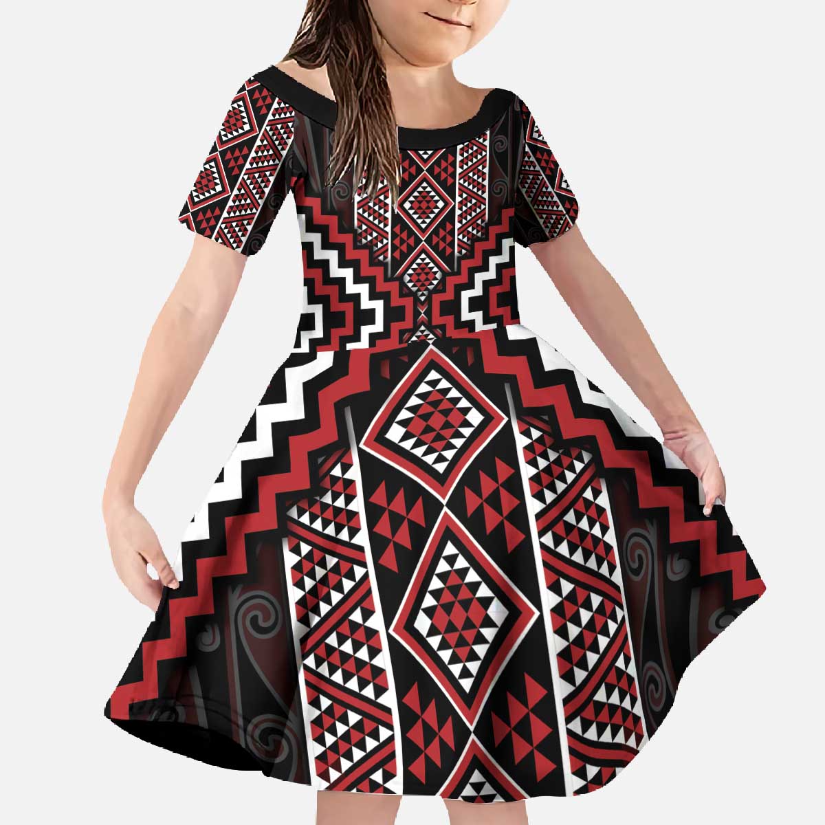 Red Tukutuku Pattern Aotearoa Family Matching Off The Shoulder Long Sleeve Dress and Hawaiian Shirt Niho Taniwha and Puhoro Motifs