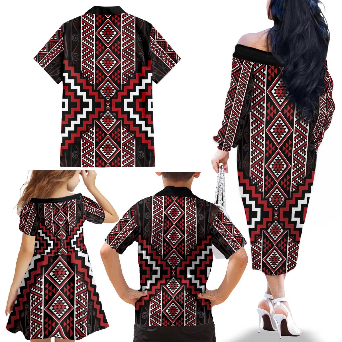 Red Tukutuku Pattern Aotearoa Family Matching Off The Shoulder Long Sleeve Dress and Hawaiian Shirt Niho Taniwha and Puhoro Motifs