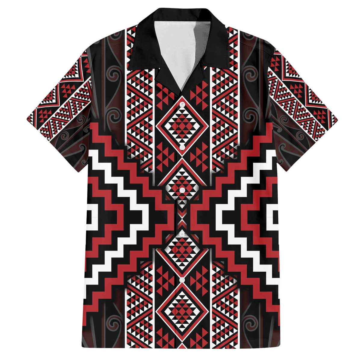 Red Tukutuku Pattern Aotearoa Family Matching Off The Shoulder Long Sleeve Dress and Hawaiian Shirt Niho Taniwha and Puhoro Motifs