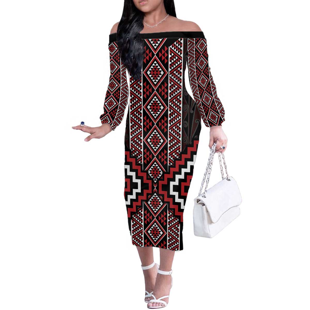 Red Tukutuku Pattern Aotearoa Family Matching Off The Shoulder Long Sleeve Dress and Hawaiian Shirt Niho Taniwha and Puhoro Motifs