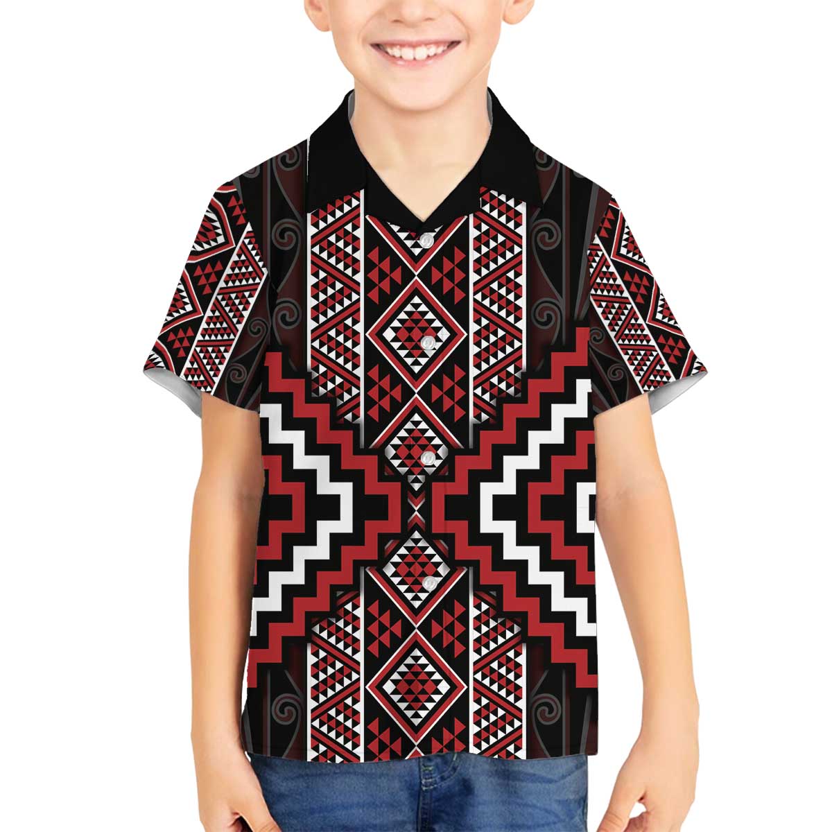 Red Tukutuku Pattern Aotearoa Family Matching Off The Shoulder Long Sleeve Dress and Hawaiian Shirt Niho Taniwha and Puhoro Motifs