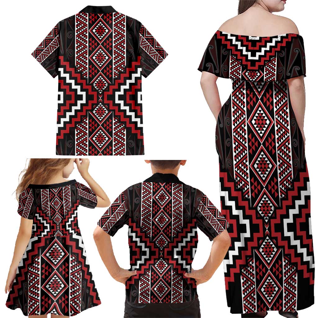 Red Tukutuku Pattern Aotearoa Family Matching Off Shoulder Maxi Dress and Hawaiian Shirt Niho Taniwha and Puhoro Motifs