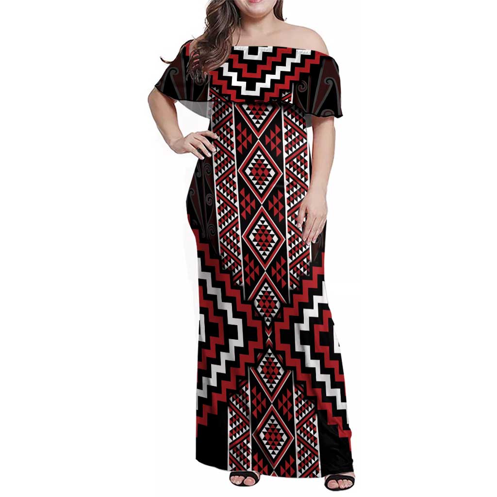 Red Tukutuku Pattern Aotearoa Family Matching Off Shoulder Maxi Dress and Hawaiian Shirt Niho Taniwha and Puhoro Motifs