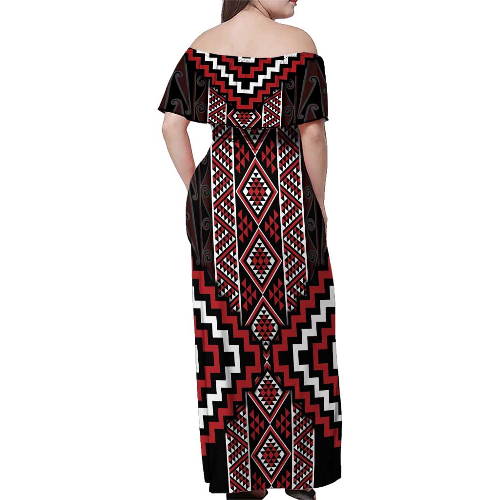 Red Tukutuku Pattern Aotearoa Family Matching Off Shoulder Maxi Dress and Hawaiian Shirt Niho Taniwha and Puhoro Motifs