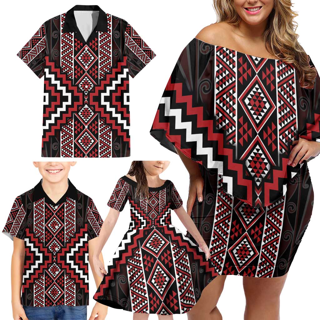 Red Tukutuku Pattern Aotearoa Family Matching Off Shoulder Short Dress and Hawaiian Shirt Niho Taniwha and Puhoro Motifs