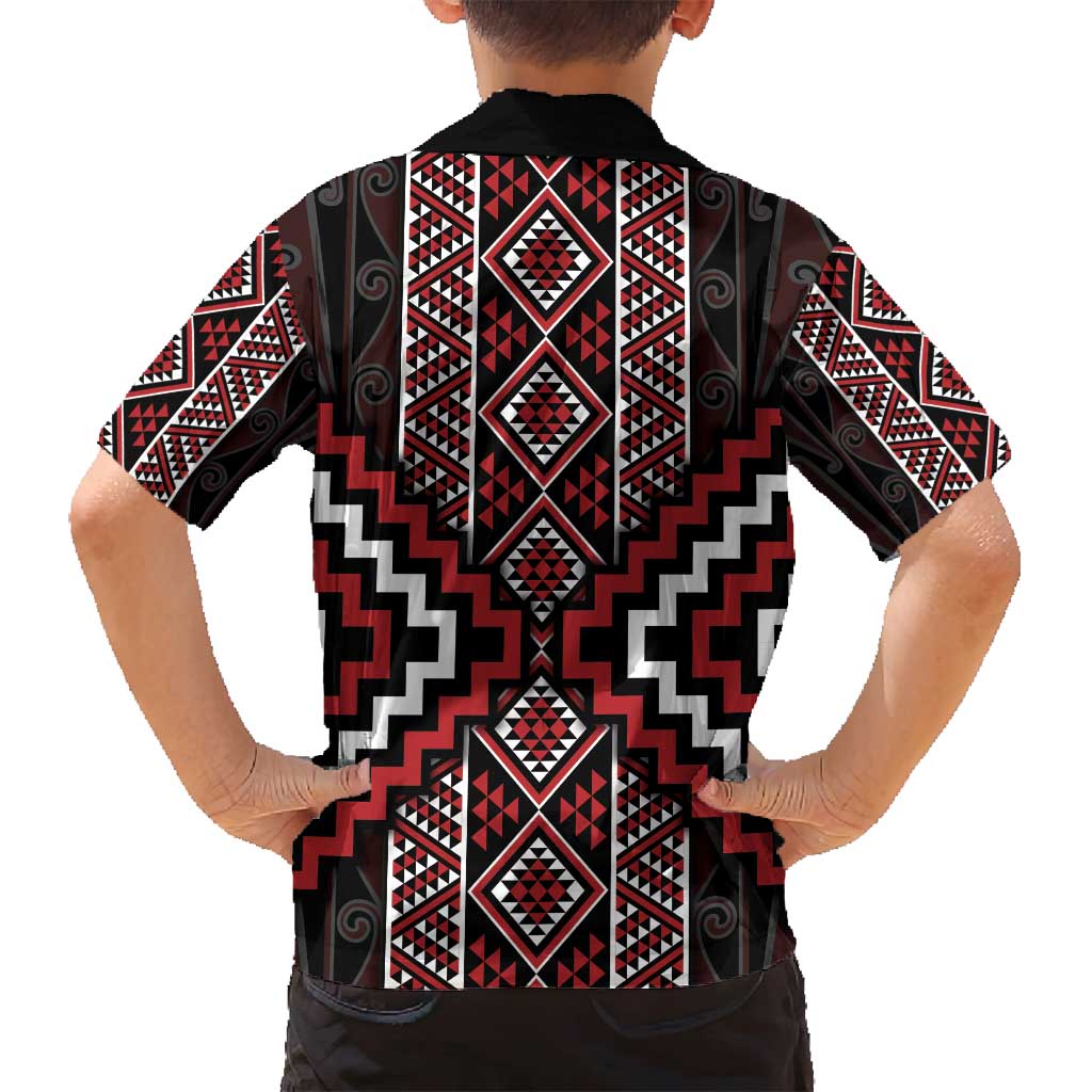 Red Tukutuku Pattern Aotearoa Family Matching Off Shoulder Short Dress and Hawaiian Shirt Niho Taniwha and Puhoro Motifs