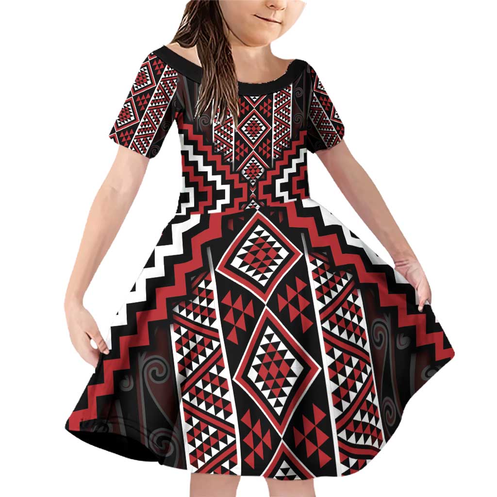 Red Tukutuku Pattern Aotearoa Family Matching Off Shoulder Short Dress and Hawaiian Shirt Niho Taniwha and Puhoro Motifs