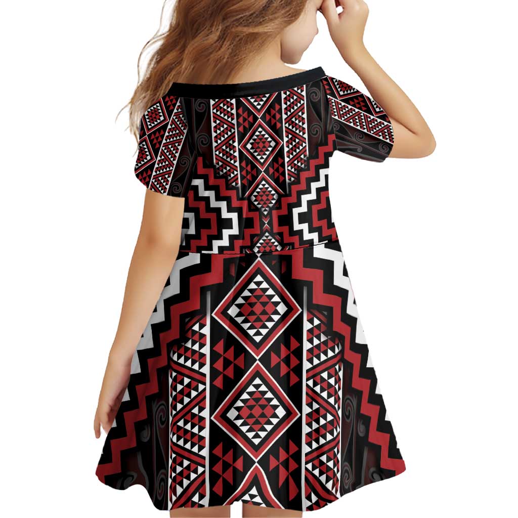 Red Tukutuku Pattern Aotearoa Family Matching Off Shoulder Short Dress and Hawaiian Shirt Niho Taniwha and Puhoro Motifs