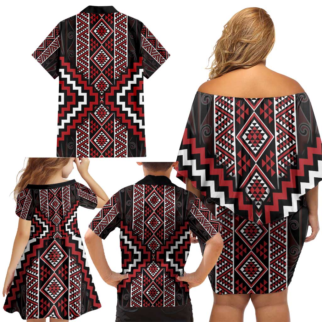 Red Tukutuku Pattern Aotearoa Family Matching Off Shoulder Short Dress and Hawaiian Shirt Niho Taniwha and Puhoro Motifs