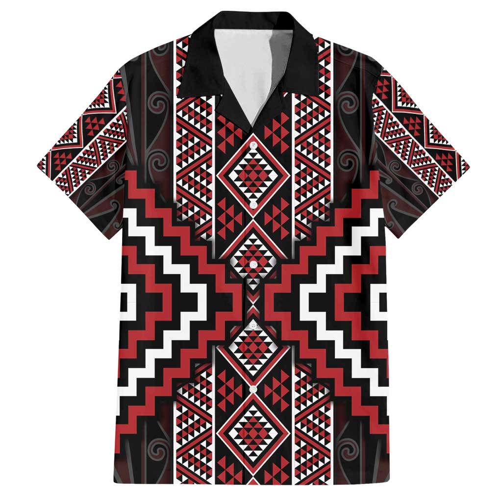 Red Tukutuku Pattern Aotearoa Family Matching Off Shoulder Short Dress and Hawaiian Shirt Niho Taniwha and Puhoro Motifs