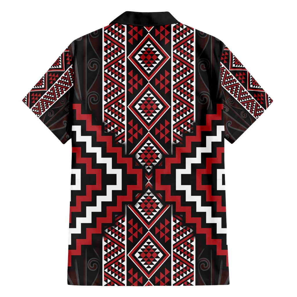 Red Tukutuku Pattern Aotearoa Family Matching Off Shoulder Short Dress and Hawaiian Shirt Niho Taniwha and Puhoro Motifs