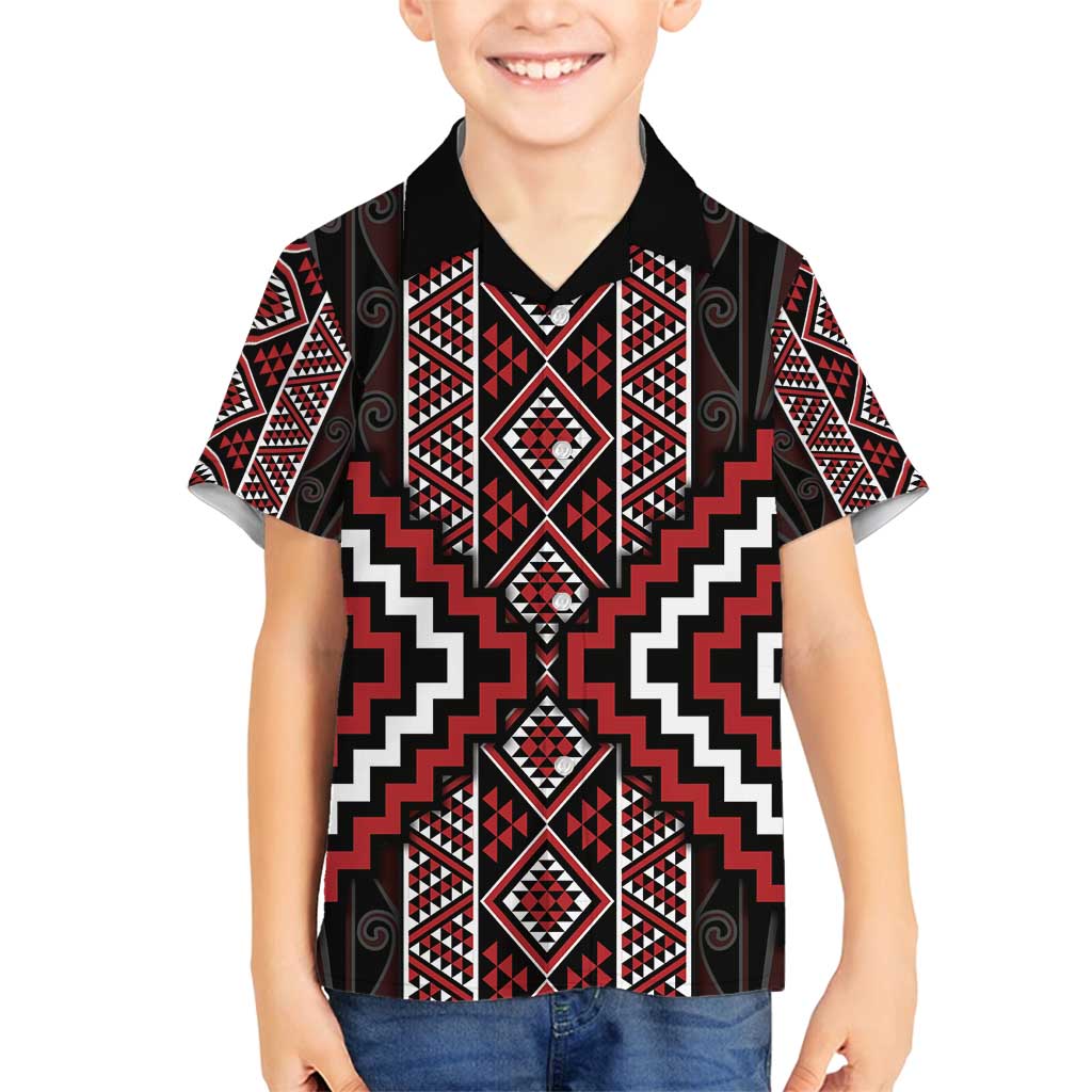 Red Tukutuku Pattern Aotearoa Family Matching Off Shoulder Short Dress and Hawaiian Shirt Niho Taniwha and Puhoro Motifs