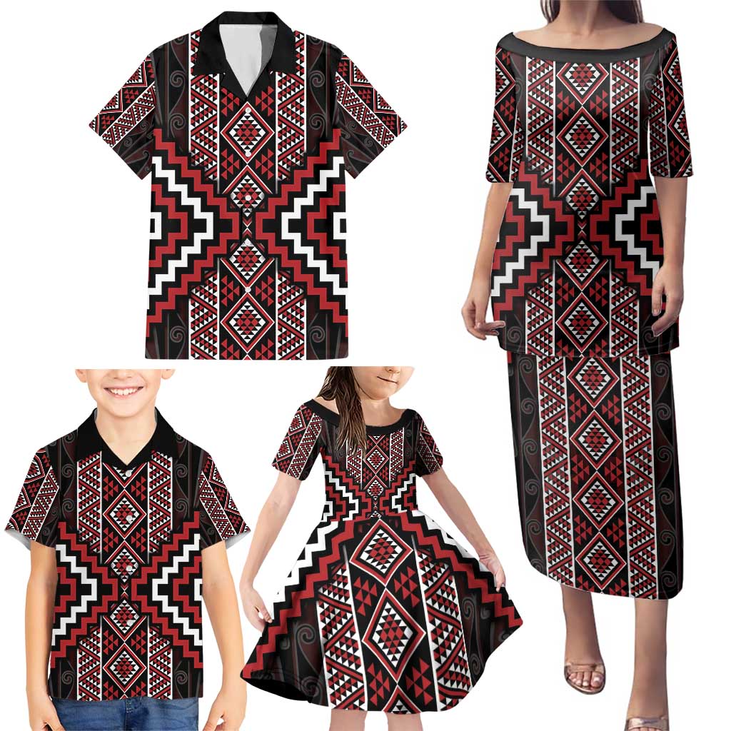 Red Tukutuku Pattern Aotearoa Family Matching Puletasi and Hawaiian Shirt Niho Taniwha and Puhoro Motifs