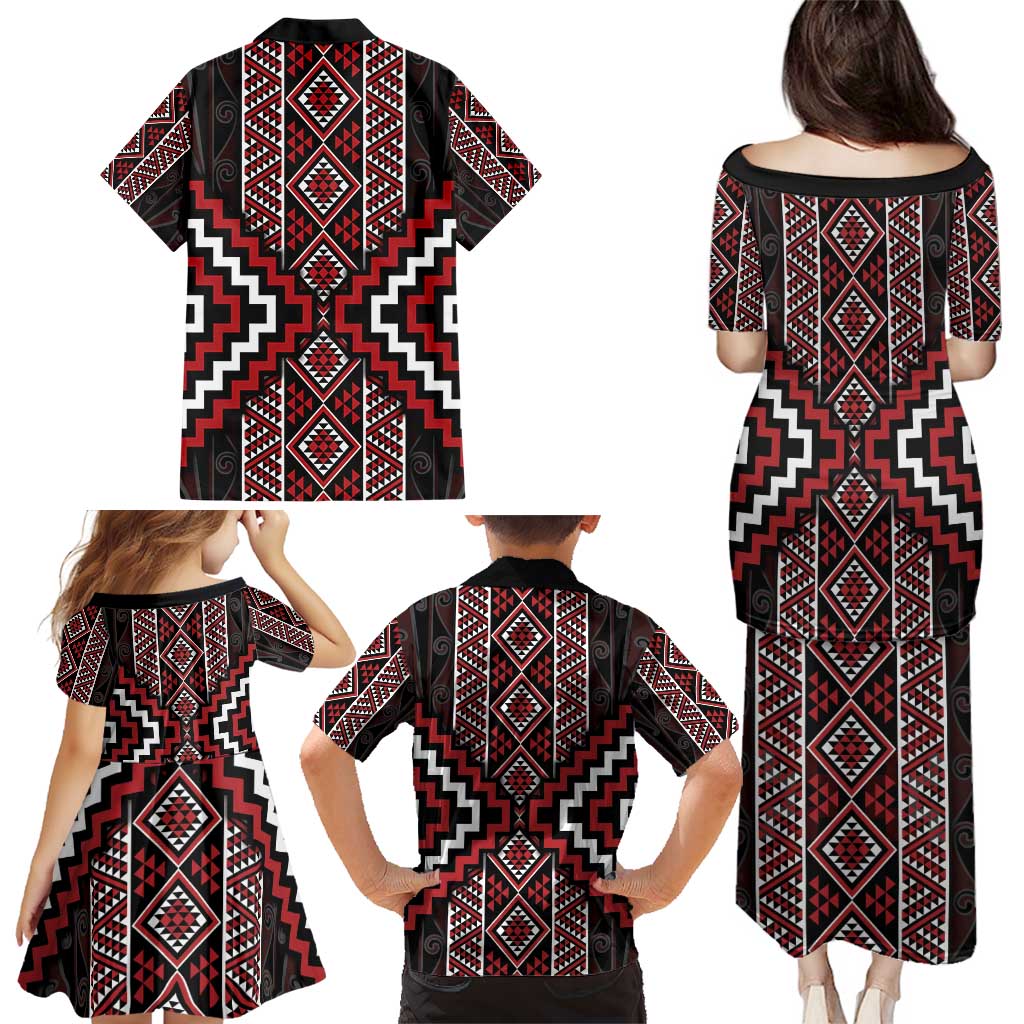 Red Tukutuku Pattern Aotearoa Family Matching Puletasi and Hawaiian Shirt Niho Taniwha and Puhoro Motifs