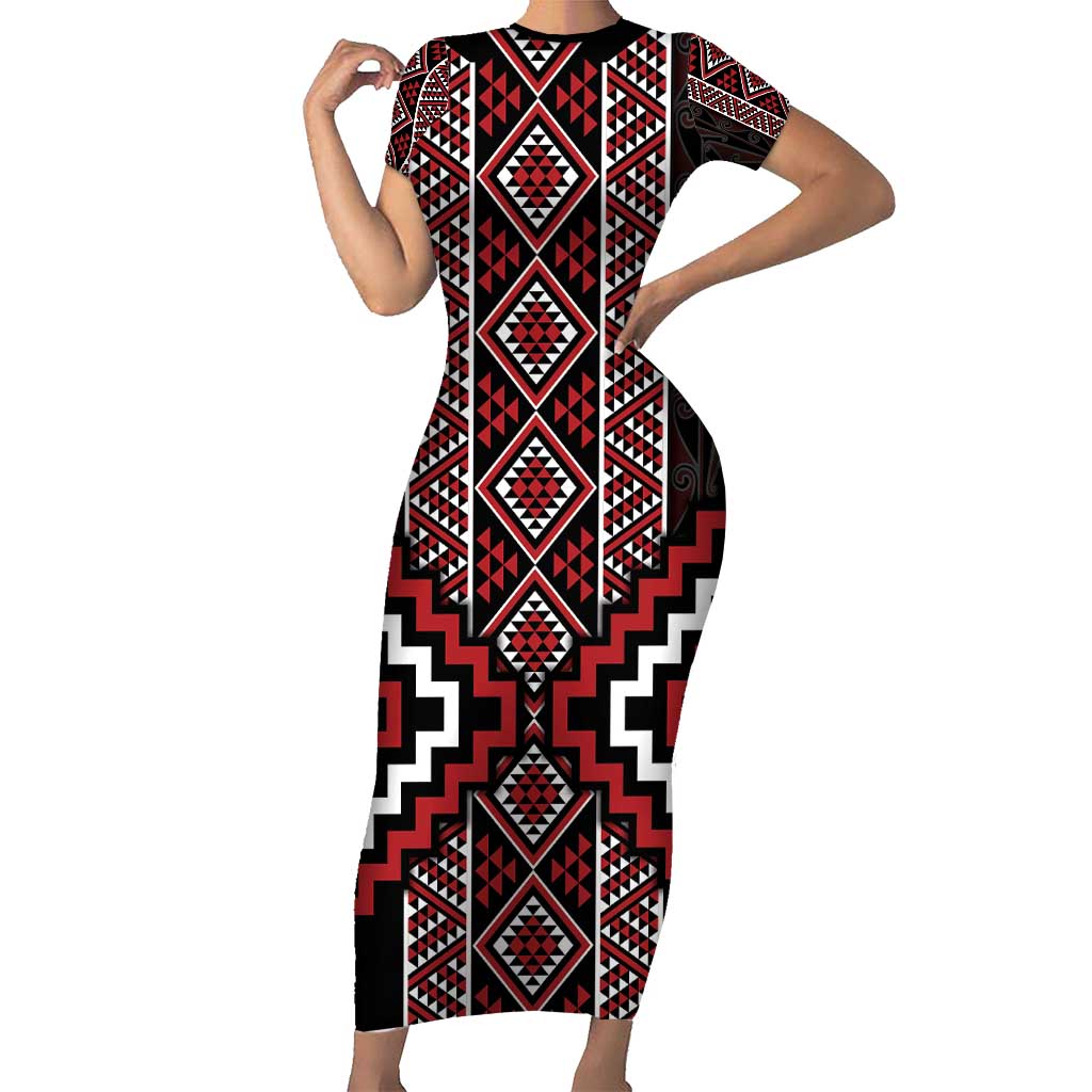 Red Tukutuku Pattern Aotearoa Family Matching Short Sleeve Bodycon Dress and Hawaiian Shirt Niho Taniwha and Puhoro Motifs