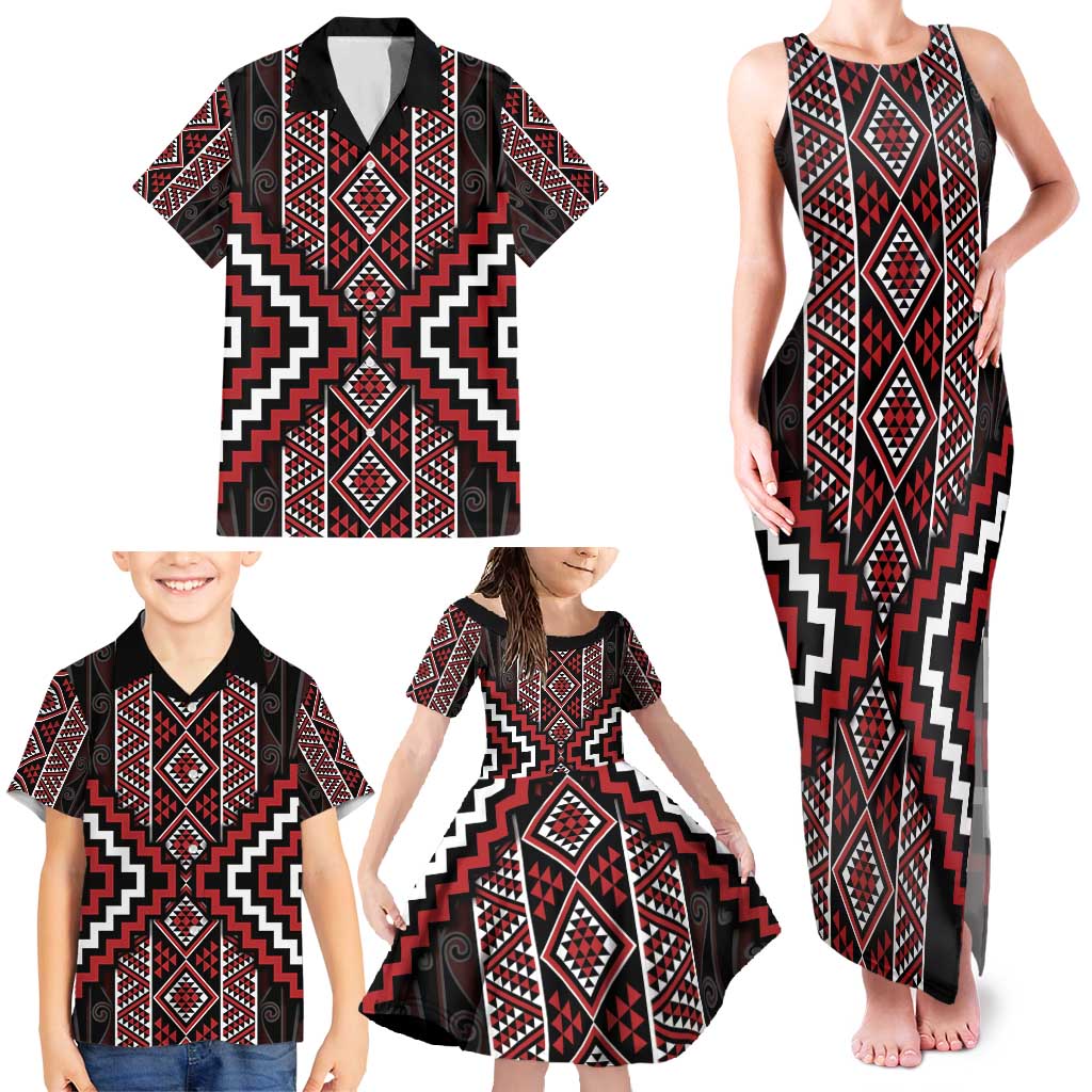 Red Tukutuku Pattern Aotearoa Family Matching Tank Maxi Dress and Hawaiian Shirt Niho Taniwha and Puhoro Motifs