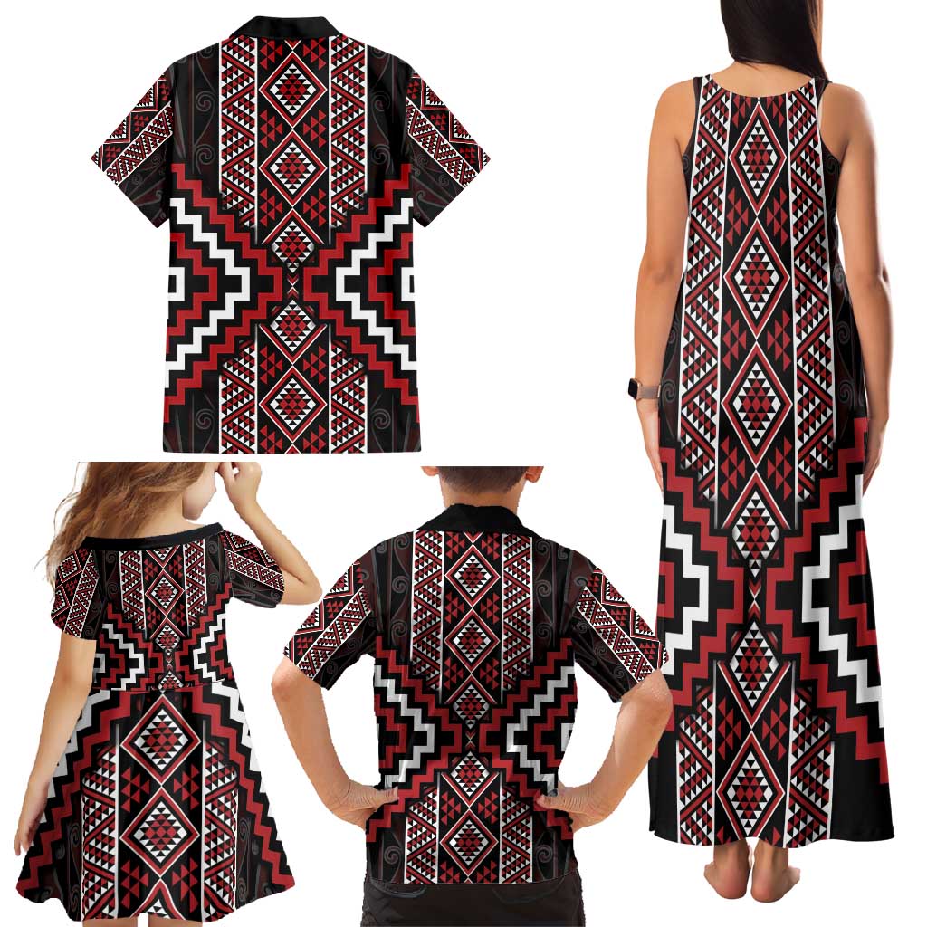 Red Tukutuku Pattern Aotearoa Family Matching Tank Maxi Dress and Hawaiian Shirt Niho Taniwha and Puhoro Motifs