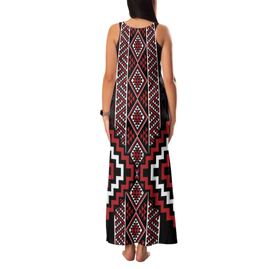 Red Tukutuku Pattern Aotearoa Family Matching Tank Maxi Dress and Hawaiian Shirt Niho Taniwha and Puhoro Motifs