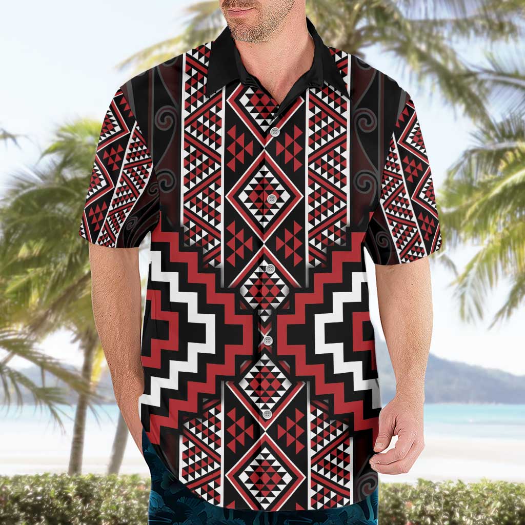 Red Tukutuku Pattern Aotearoa Hawaiian Shirt Niho Taniwha and Puhoro Motifs - Vibe Hoodie Shop