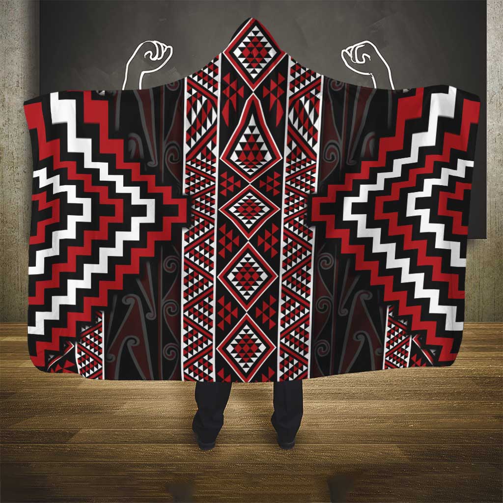 Red Tukutuku Pattern Aotearoa Hooded Blanket Niho Taniwha and Puhoro Motifs