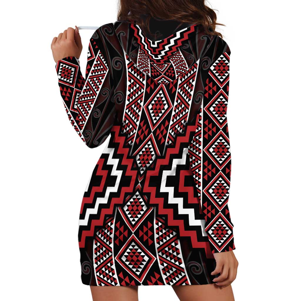 Red Tukutuku Pattern Aotearoa Hoodie Dress Niho Taniwha and Puhoro Motifs - Vibe Hoodie Shop