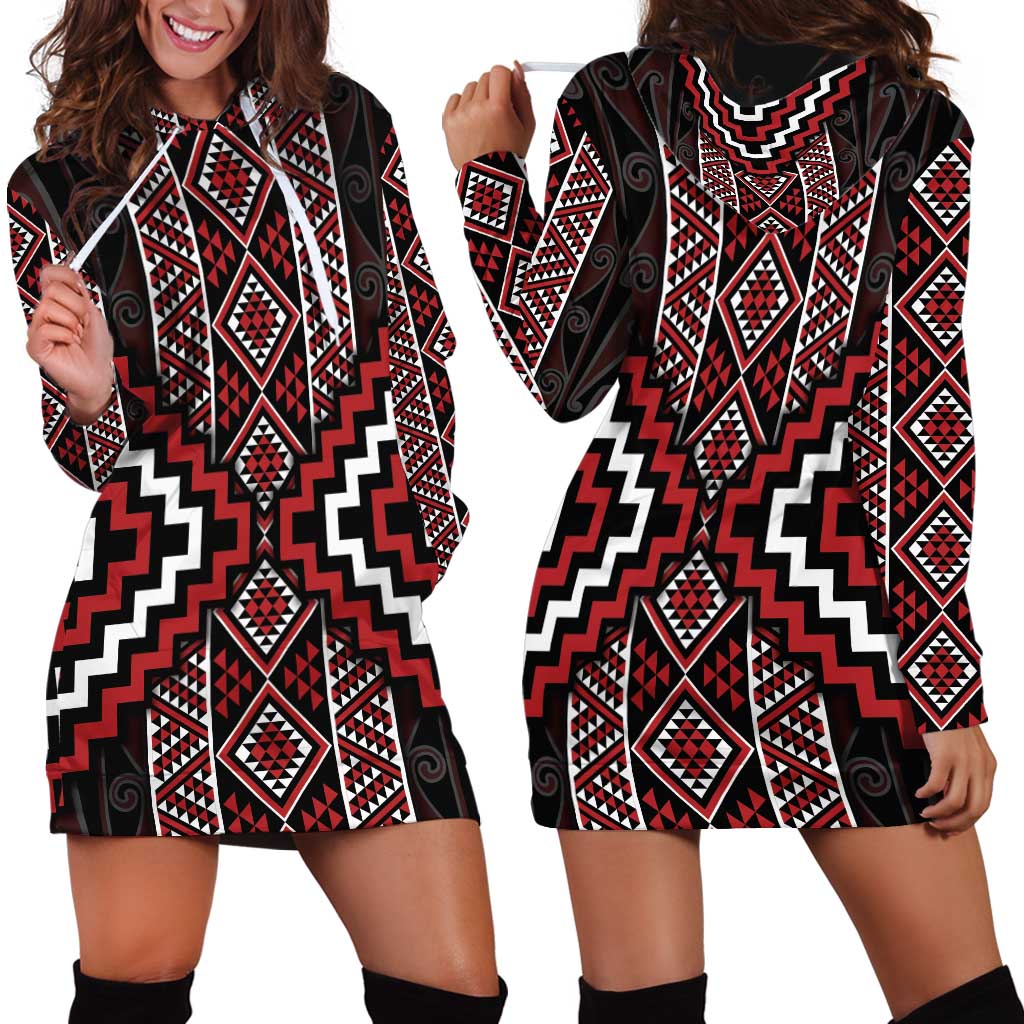 Red Tukutuku Pattern Aotearoa Hoodie Dress Niho Taniwha and Puhoro Motifs - Vibe Hoodie Shop