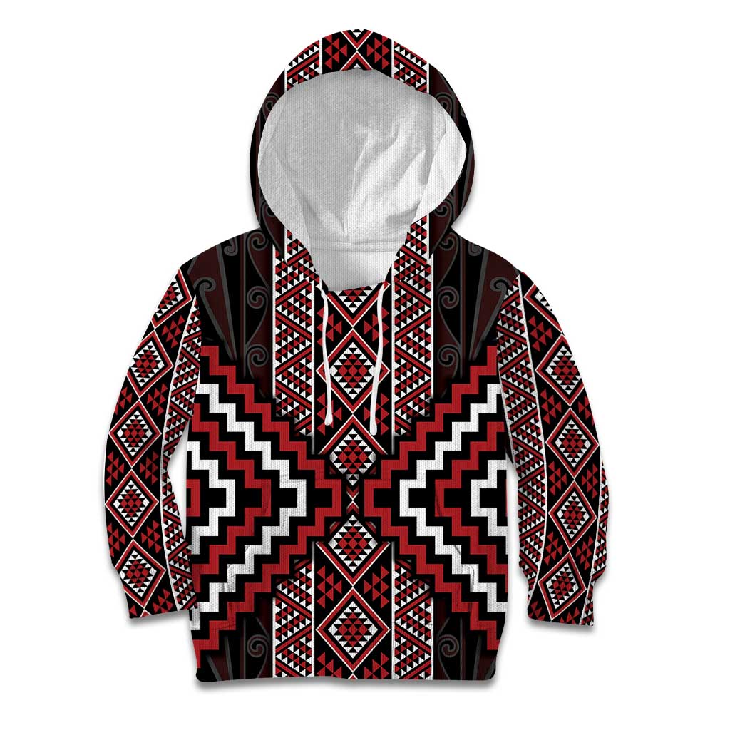 Red Tukutuku Pattern Aotearoa Kid Hoodie Niho Taniwha and Puhoro Motifs - Vibe Hoodie Shop