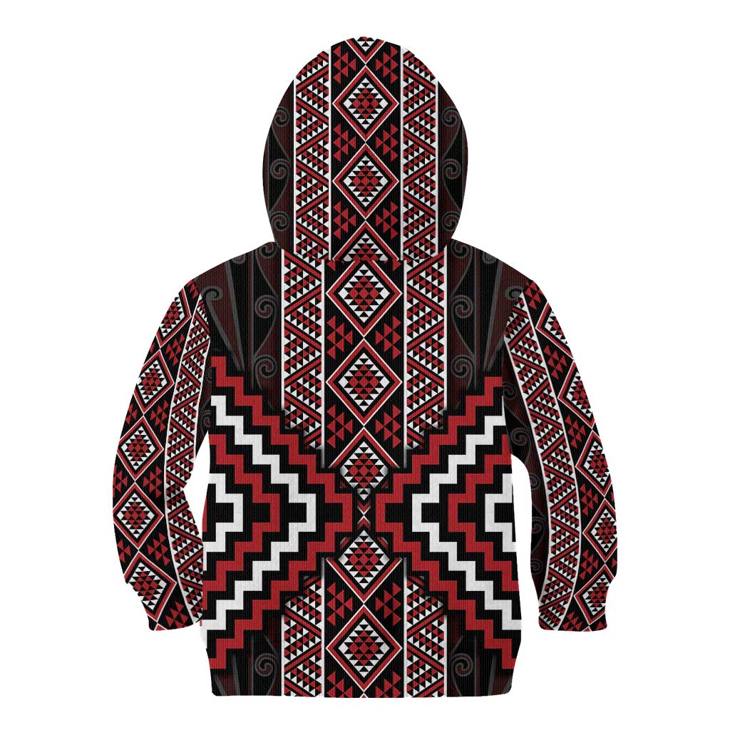 Red Tukutuku Pattern Aotearoa Kid Hoodie Niho Taniwha and Puhoro Motifs - Vibe Hoodie Shop