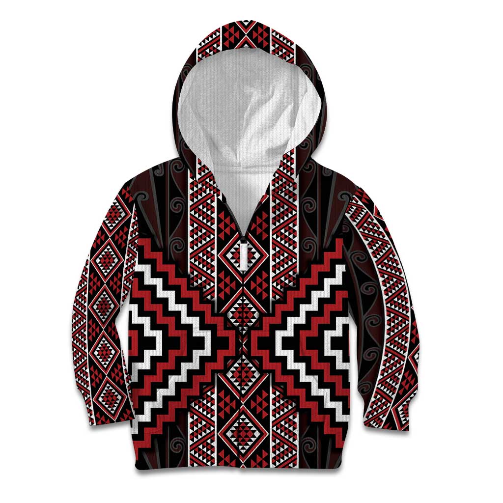 Red Tukutuku Pattern Aotearoa Kid Hoodie Niho Taniwha and Puhoro Motifs - Vibe Hoodie Shop