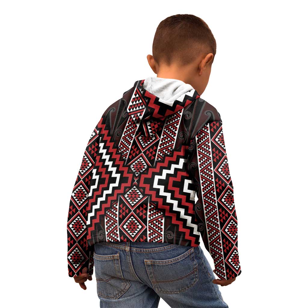 Red Tukutuku Pattern Aotearoa Kid Hoodie Niho Taniwha and Puhoro Motifs - Vibe Hoodie Shop