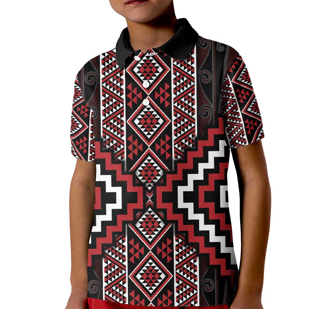 Red Tukutuku Pattern Aotearoa Kid Polo Shirt Niho Taniwha and Puhoro Motifs - Vibe Hoodie Shop