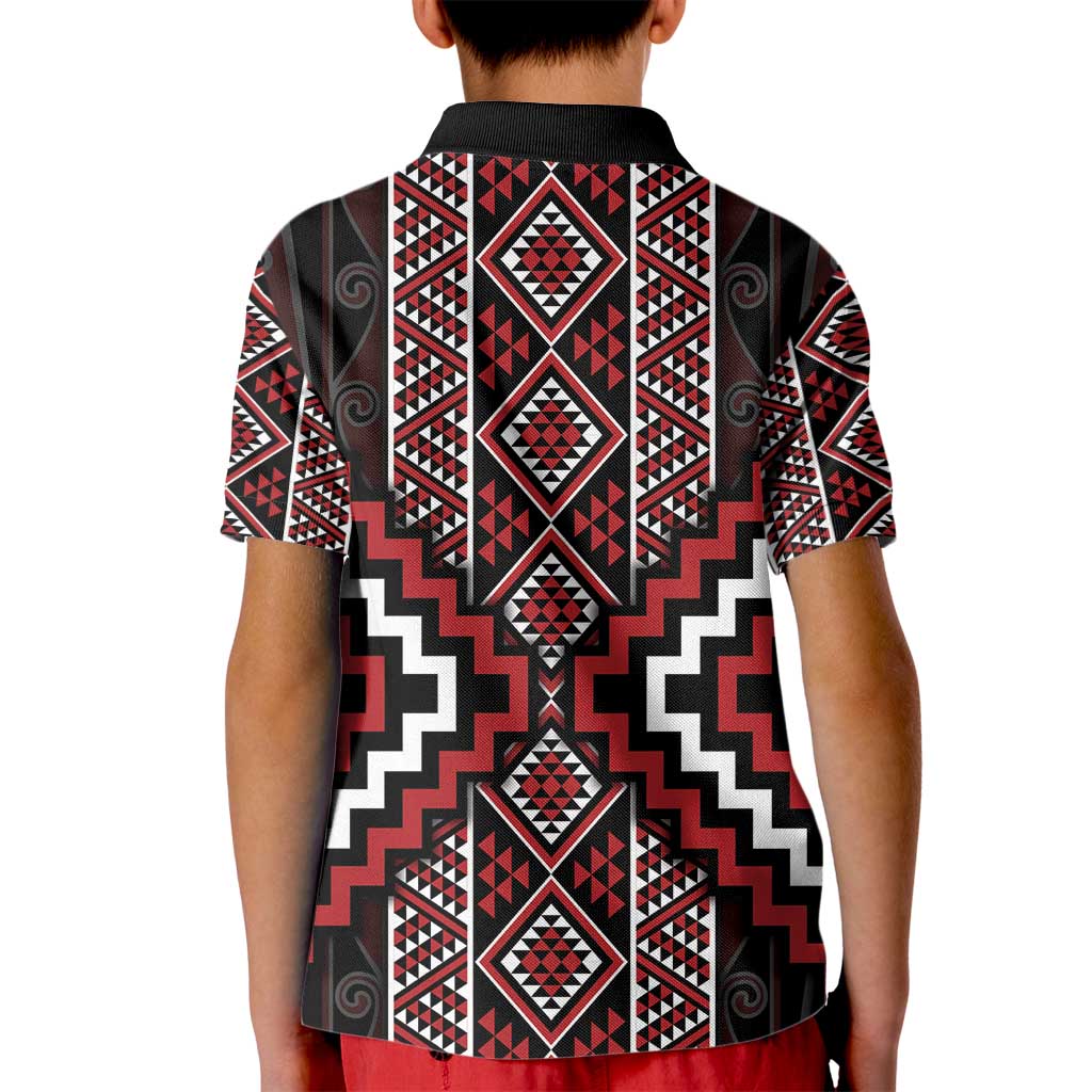 Red Tukutuku Pattern Aotearoa Kid Polo Shirt Niho Taniwha and Puhoro Motifs - Vibe Hoodie Shop