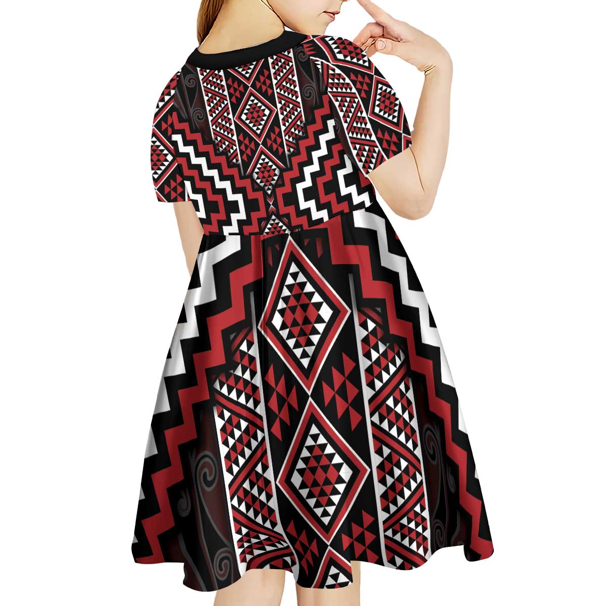 Red Tukutuku Pattern Aotearoa Kid Short Sleeve Dress Niho Taniwha and Puhoro Motifs - Vibe Hoodie Shop