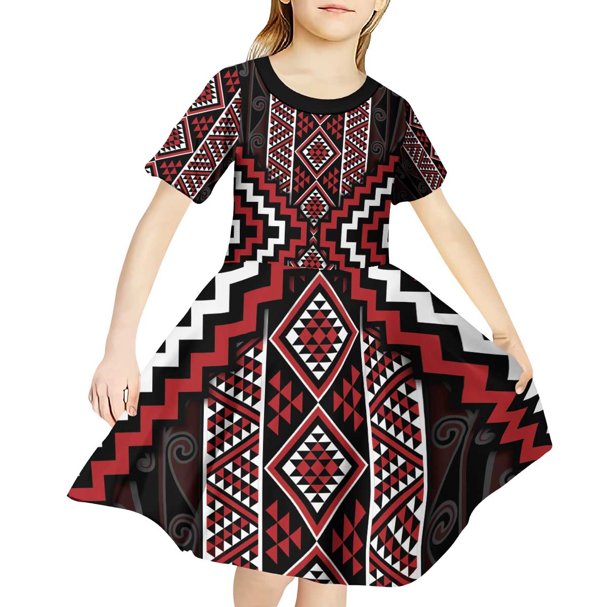 Red Tukutuku Pattern Aotearoa Kid Short Sleeve Dress Niho Taniwha and Puhoro Motifs - Vibe Hoodie Shop