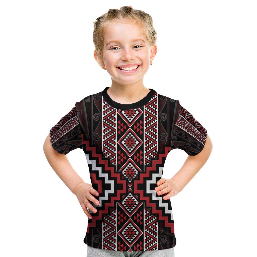 Red Tukutuku Pattern Aotearoa Kid T Shirt Niho Taniwha and Puhoro Motifs - Vibe Hoodie Shop