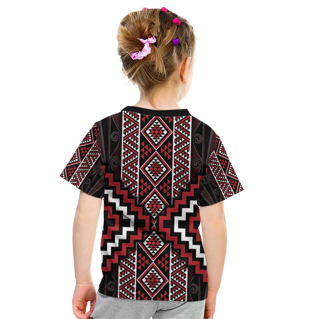 Red Tukutuku Pattern Aotearoa Kid T Shirt Niho Taniwha and Puhoro Motifs - Vibe Hoodie Shop