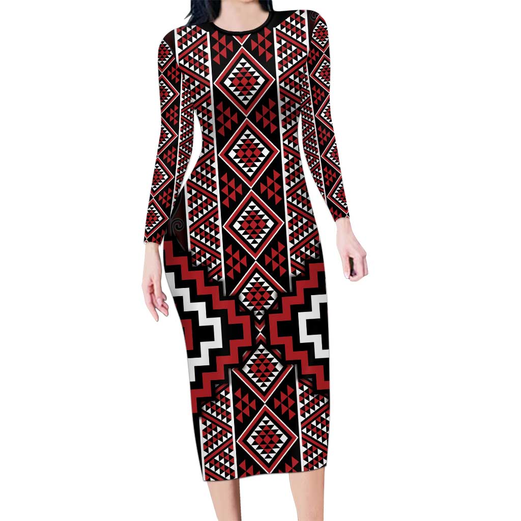 Red Tukutuku Pattern Aotearoa Long Sleeve Bodycon Dress Niho Taniwha and Puhoro Motifs