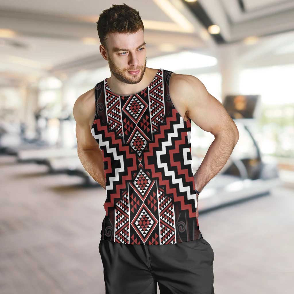 Red Tukutuku Pattern Aotearoa Men Tank Top Niho Taniwha and Puhoro Motifs - Vibe Hoodie Shop