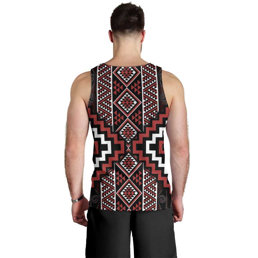 Red Tukutuku Pattern Aotearoa Men Tank Top Niho Taniwha and Puhoro Motifs - Vibe Hoodie Shop