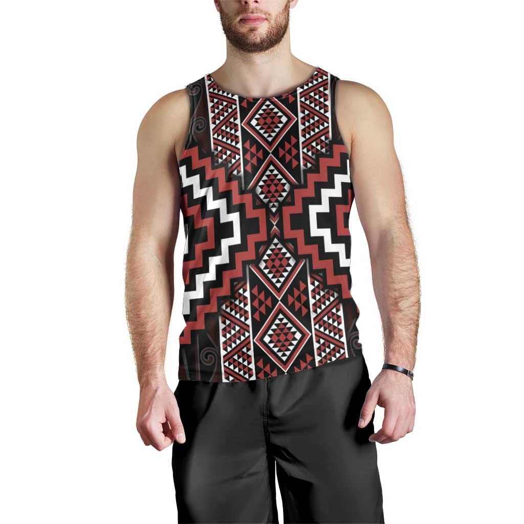 Red Tukutuku Pattern Aotearoa Men Tank Top Niho Taniwha and Puhoro Motifs - Vibe Hoodie Shop