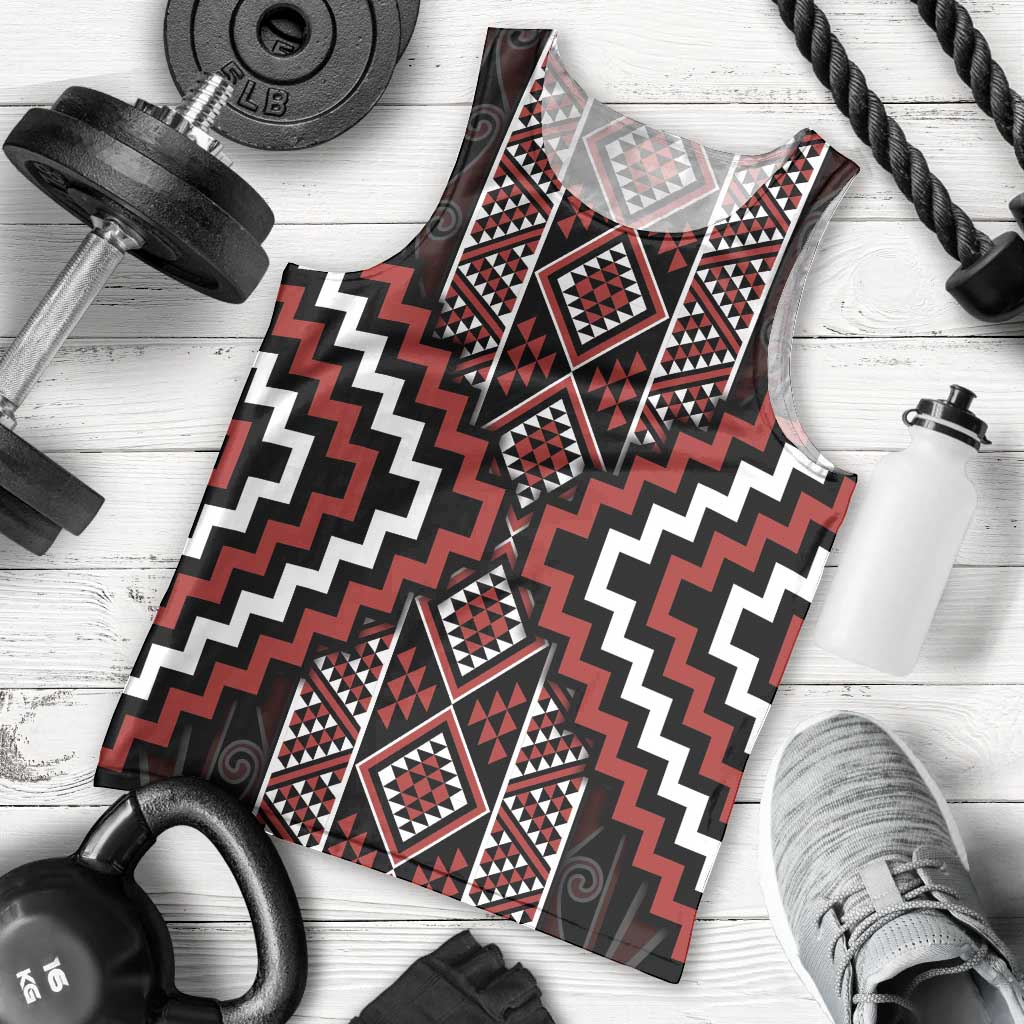 Red Tukutuku Pattern Aotearoa Men Tank Top Niho Taniwha and Puhoro Motifs - Vibe Hoodie Shop