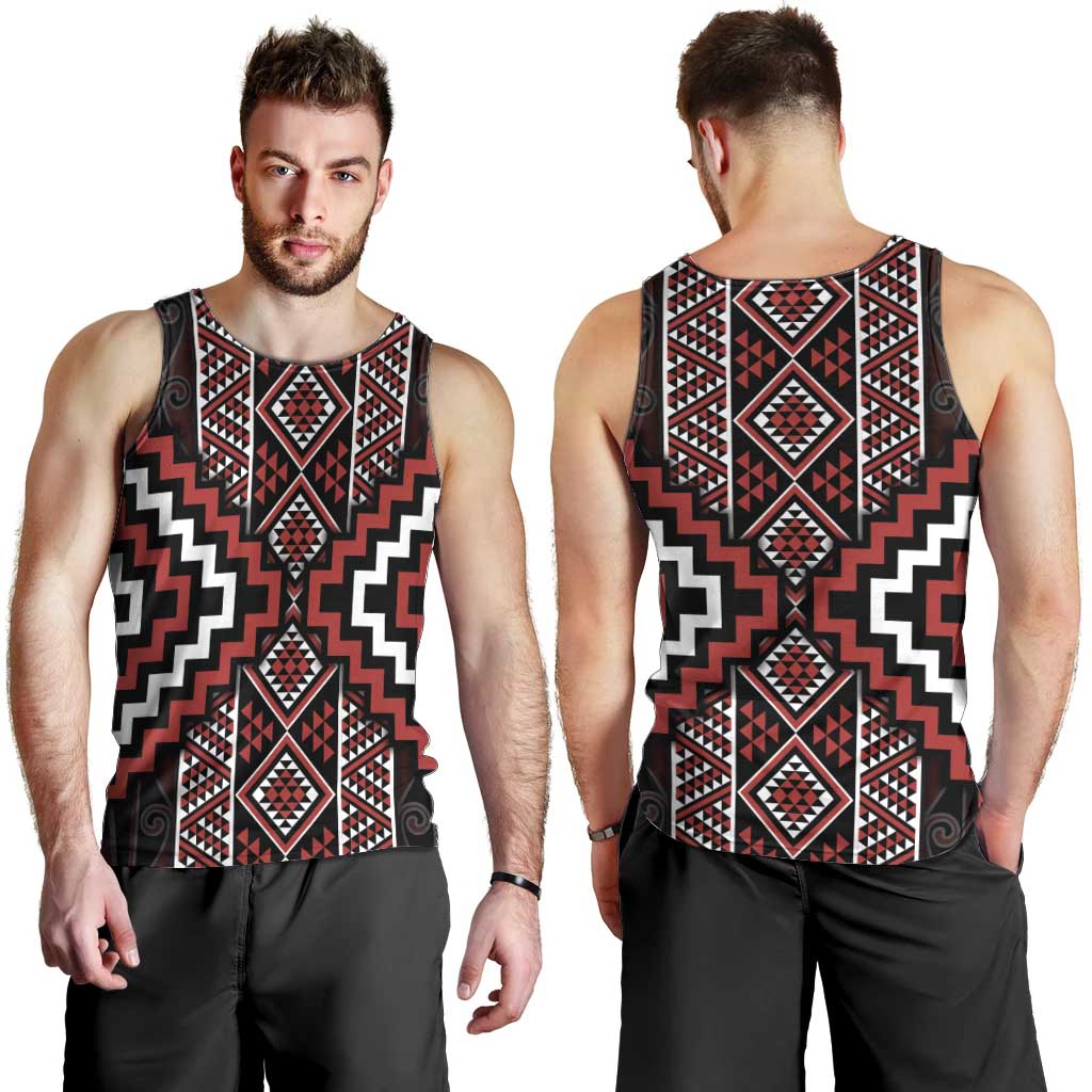 Red Tukutuku Pattern Aotearoa Men Tank Top Niho Taniwha and Puhoro Motifs - Vibe Hoodie Shop