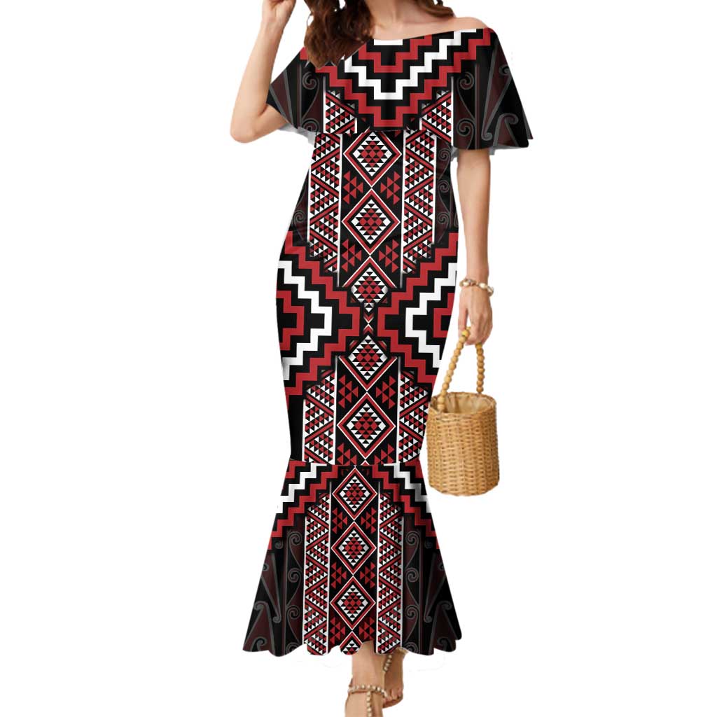 Red Tukutuku Pattern Aotearoa Mermaid Dress Niho Taniwha and Puhoro Motifs